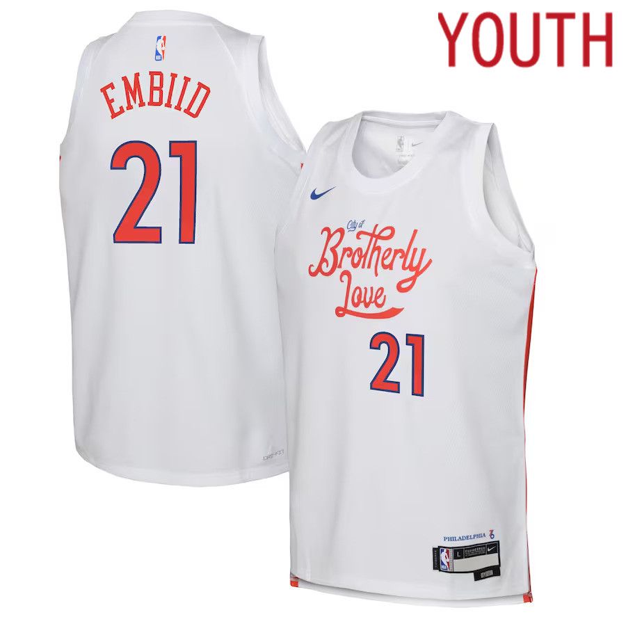 Youth Philadelphia 76ers 21 Joel Embiid Nike White City Edition 2022-23 Swingman NBA Jersey